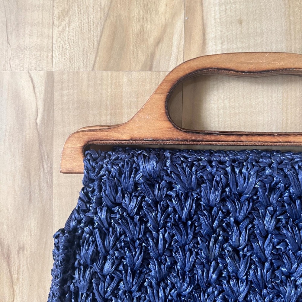 Vintage Handbag Straw Navy Blue Wood Coastal Beach Preppy Cottage‎ Classic Vacay - Picture 11 of 12